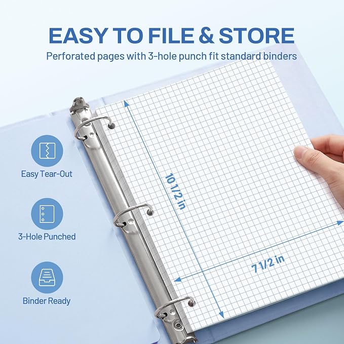 SUNEE Spiral Notebook, 1-Subject, Graph Ruled Paper, 8" x 10-1/2", 100 Sheets per Notebook, 3-Hole Punched Paper, Water Resistant Cover, Spiral Grid Notebooks for Work, Home, School, Grey Blue