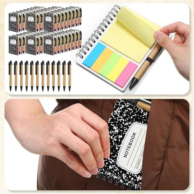 Dunzoom 48 Sets Spiral Notebook Bulk, Steno Pads Lined Notepad with Pen, Sticky Notes Colored Index Tabs, 5.2" x 4.1" Pocket Notebook for Home Business Office Supplies, 60 Sheets (Black)