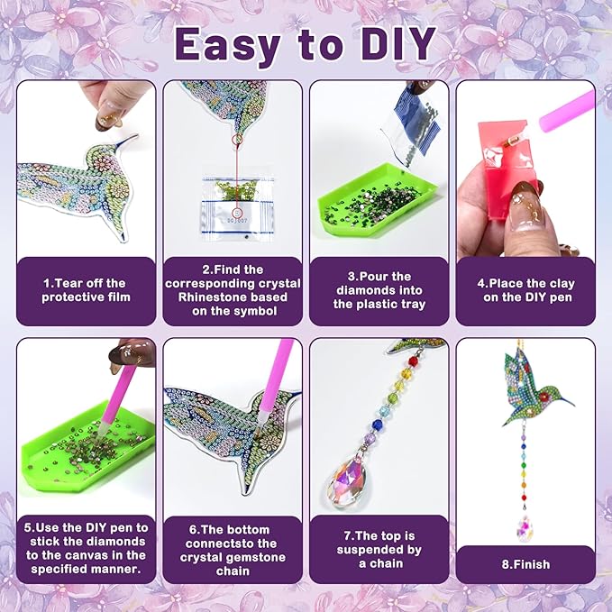 Arts and Crafts for Kids Ages 6-12, Birthday Gifts for 6 7 8 9 10 11 12 Year Old Girls, DIY Diamond Painting Kits for Kids Teens Adults, Butterfly Sun Hummingbird Wind Chimes for Home Garden Decor