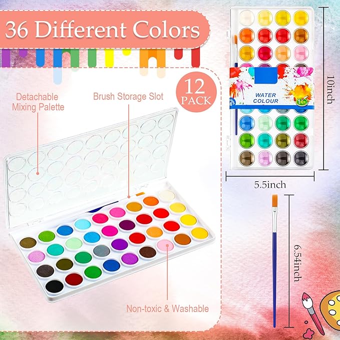 Nuanchu Gifts Bulk Watercolor Paint Washable Watercolor Paint Kits Palette and Brushes Portable Water Color Supplies for Adults, Beginners Artists Graduation Gift(12 Pack,36 Colors)