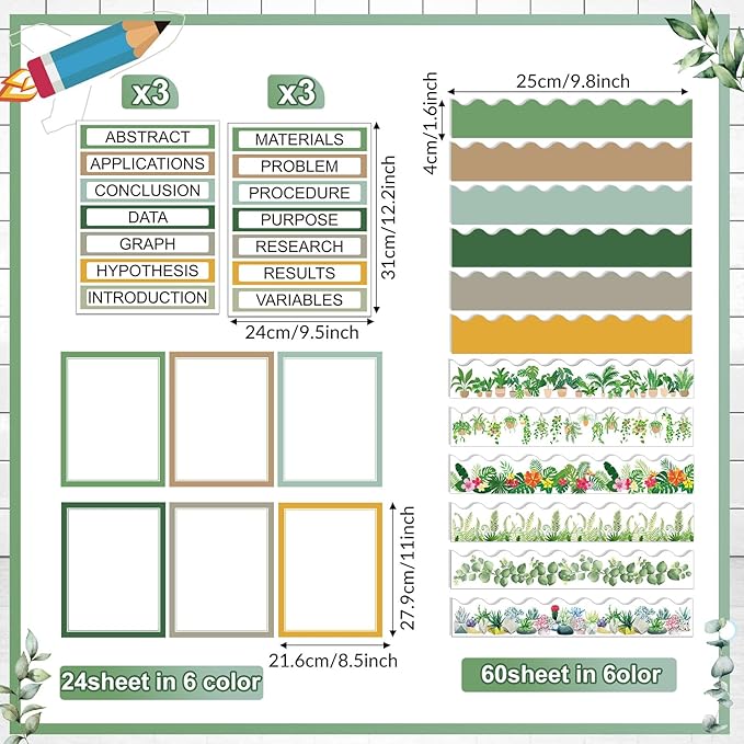 Fuyoooo 90 Pcs Science Fair Board Supplies 60 Trim Scalloped Bulletin Borders 24 Presentation Board Subtitles 6 Science Fair Titles for Classroom Display Boards (Plant)