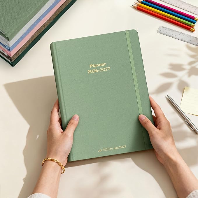 Planner 2026-2027 Monthly and Weekly Academic Planner July 2026 - June 2027, Linen Hardcover Agenda 2026-2027 Calendar Daily Planner for Student Teacher with Monthly Tabs, 6" x 8.3", Cream Green