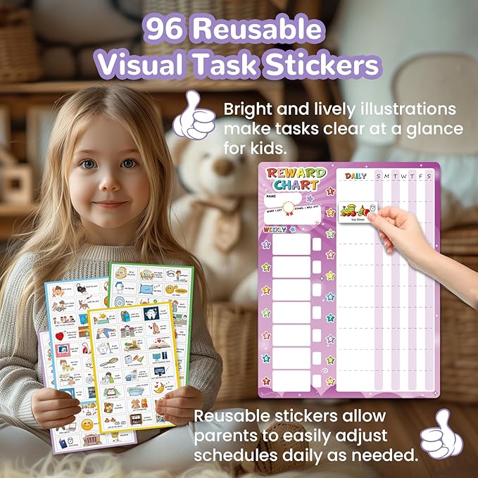 JJPRO Magnetic Reward Chart for Kids with Reward Jar- Behavior Reward Chart System, Toddlers Daily Routine,Visual Schedule Board,96 Reusable Stickers& 45 Star Tokens to Motivate Responsibility