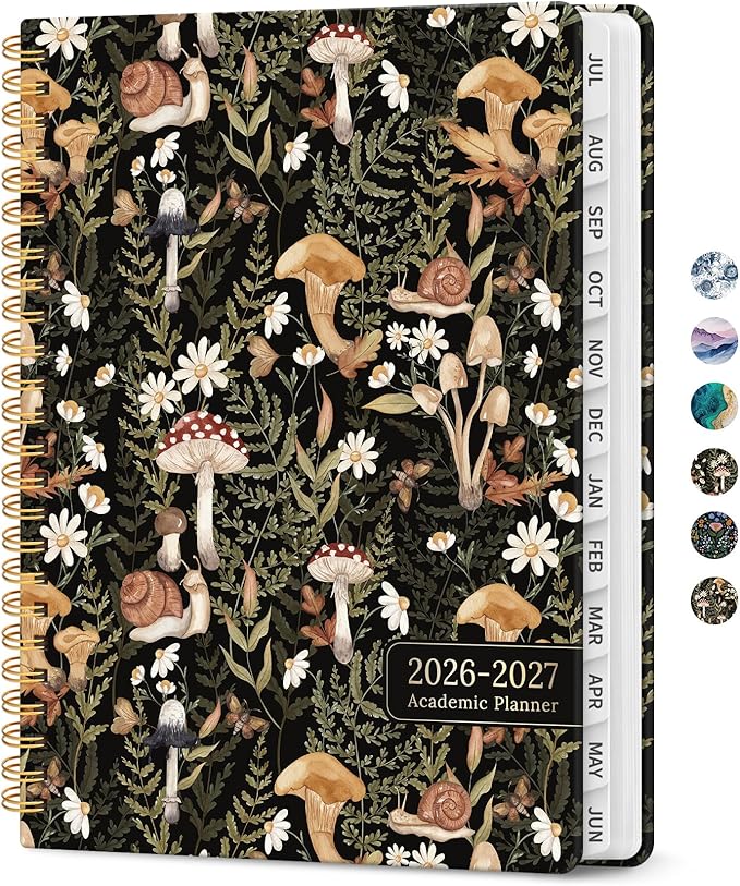 Planner 2026-2027, Academic Monthly and Weekly Calendar Planner for Women, July 2026 - June 2027, Hardcover Pretty Agenda Planner Book with Tabs, Spiral Daily Organizer for School Office Home Supplies, 6.3" x 8.5" - Mushroom