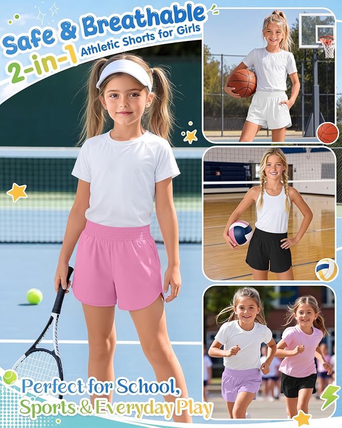 4 Pack Girls Athletic Shorts 2 in 1 Quick Dry High Waist Tween Shorts with Liner Kids Back to School Running Shorts
