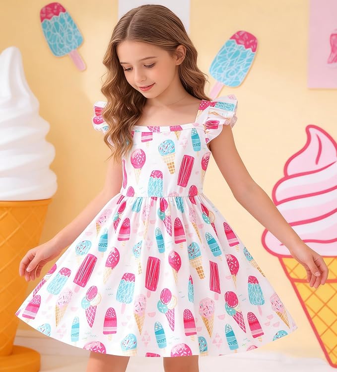 Popshion Girls Dresses Flutter Sleeve Swing Sundress Toddler Summer Clothes Kid Birthday Party Sleeveless Dress 1-8 Years Old