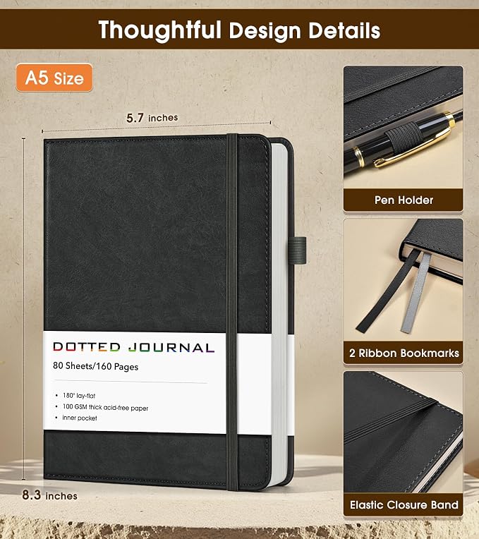 Dotted Journal Notebook, A5 Leather Hardcover, 160 Pages, 180° Lay-Flat Binding, 100 GSM Thick Paper, Dot Grid for Bullet Journaling, Planning & Daily Organization (Black)