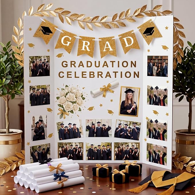 Eaasty 4 Pack Graduation Photo Display Board Decoration 48 X36 Inch Trifold Poster Board with Banners Large Trifold Picture Display for Table Decor Class of 2026 Grad Party Collage Frame Supplies