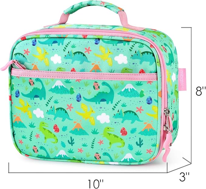 mibasies Kids Lunch Box for Girls Toddler, Insulated and Reusable Lunch Bag for School, Light Green Dinosaur Forset