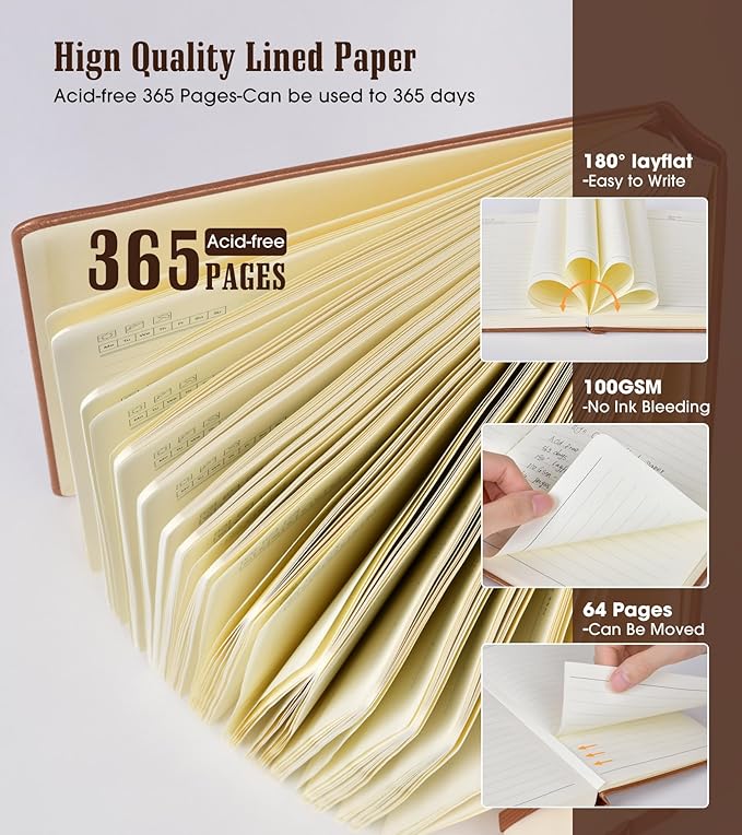 Lined Journal Notebook -365 Pages B5 Large Journal for Writing Men Women, College Ruled Notebook, Hardcover Leather Journal, Daily Notebook for Work, Note Taking, 100Gsm Paper ( 7.6'' X 10'' Brown)