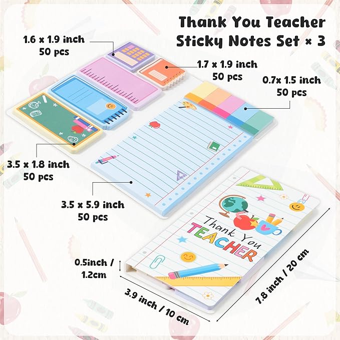B1ykin Thank You Teacher Sticky Notes Set - Composition Line Teacher Self-Stick Notes Pad, 550 Sheets Writing Memo Pages Sticky Notepad for Teacher Appreciation Gifts, School Office Supplies (3Pcs)
