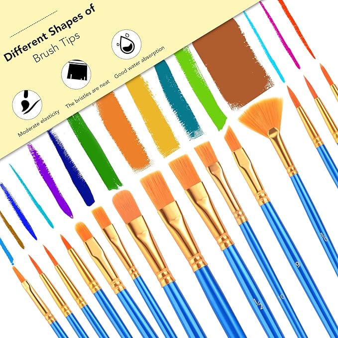 AROIC Acrylic Paint Brush Set, 15 pcs Nylon Hair Paint Brushes for All Purpose Oil Watercolor Face Body Rock Painting Artist, Small Painting Brush Kits for Kids Adult Drawing