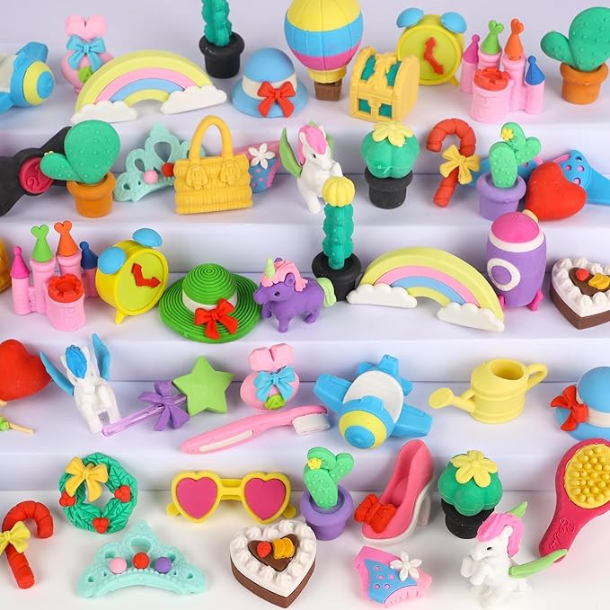 Cllayees 72 Pcs Erasers for Kids, Mini Pencil Eraser Bulk Classroom Prizes, Fun Puzzle Erasers for Girl Preschool Elementary Student, Back to School Supplies