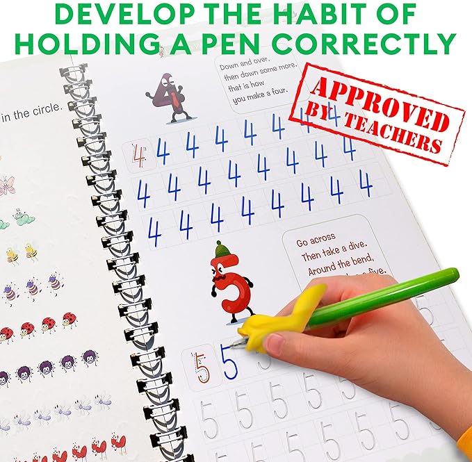 Magic Practice Copybook for Kids Ages 3-8, 4 Pack Grooved Reusable Handwriting Workbooks, Tactile Letter and Number Tracing Set with 2 Disappearing ... Preschool Graduation or Toddler Learning Gift