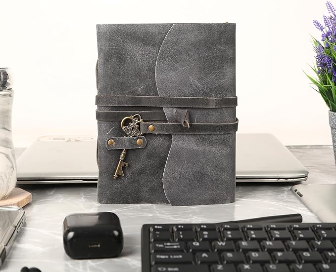 Leather Journal with Deckle Edge Paper 8x6 inch and Vintage Key | Handmade Writing Notebook Diary | Bound Daily Notepad for Men & Women Medium, Sketch/Writing pad for Artists