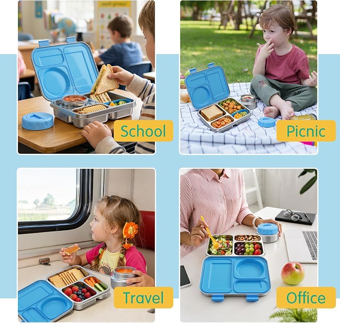 Stainless Steel Bento Box Kids Adult with 8oz Soup Thermo, 3 Compartments Metal Bento Lunch Box with Insulated Food Jar,Lunch Box Container Sauce Cup for School,BPA-Free(Blue)