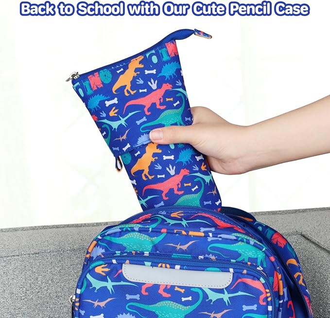 Standing Pencil Case for Boys - Telescopic Kawaii Pencil Pouch for Kids, Big Capacity Stand Up Stationery Pouch for School Students, Blue Dinosaur
