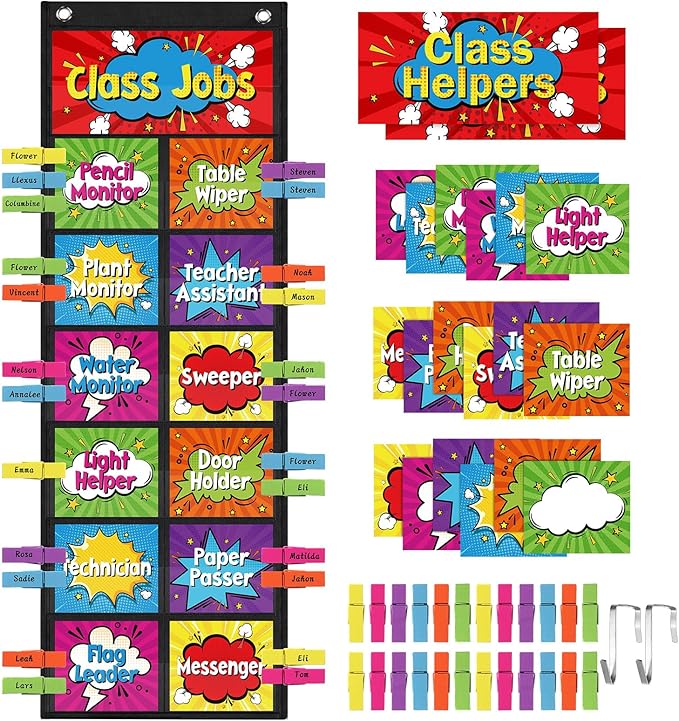 Pasimy Hero Class Jobs Pocket Chart Class Helpers Pocket Chart Classroom Jobs Cards with Clips and Hooks Teacher Helper Bulletin Board Set for Back to School Classroom Teacher Supplies