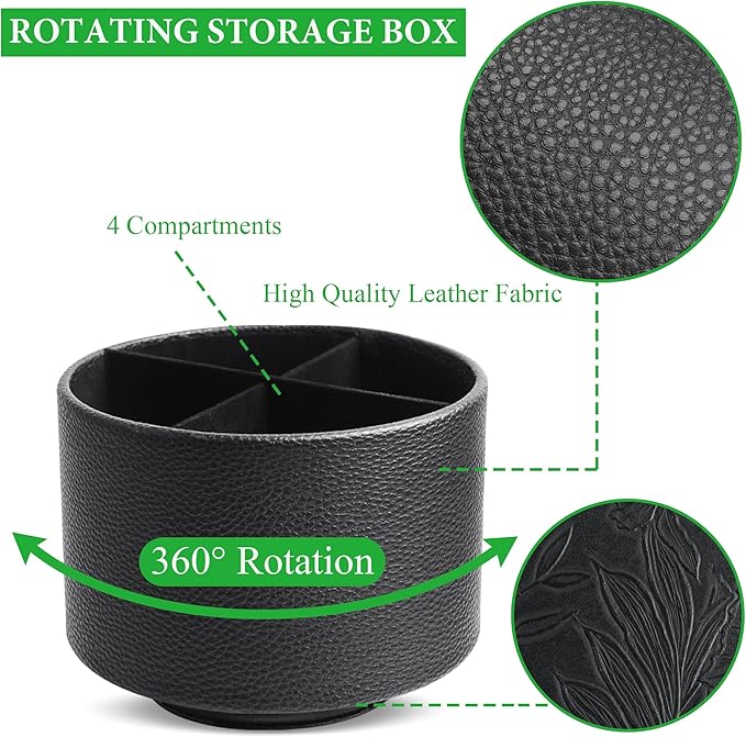 Round Leather Art Supply Organizer,Remote Control Holder,360 Degree Spinning,Multi-Functional Pencil Holder,4 Compartments Desktop Stationary Organizer(1-Lichee Black)