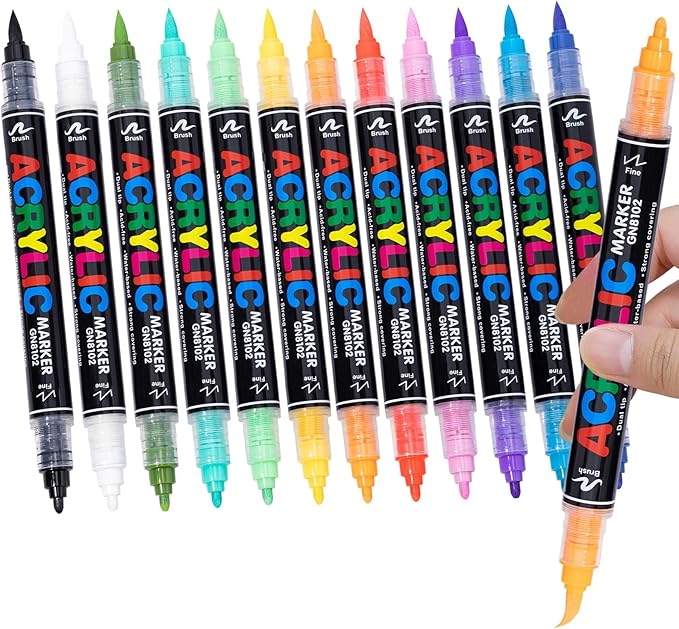 Guangna 36 Colors Acrylic Paint Markers, Dual Tip Paint Markers Pens Set with Soft Brush Tip, Multifunctional Fine Tip Markers for Wood,Canvas,Rock Painting, Glass, Diy Crafts Art Supplies, Waterproof