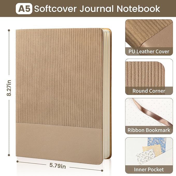 Dotted Journal Notebook Soft Cover PU Leather Journaling Notebooks for Women Men Writing Work Office School 160 Pages 100 GSM Thick Paper A5 Dotted 80 Sheets 5.79"x8.27", Khaki
