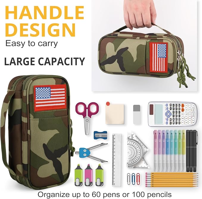Tactical Pencil Case for Boy,Wide open Pen Pouch Bag with Handle for School | Marker Organizer Case Pen Box, Tool Bag Desk Organizer for School College Office Organizers for Kids Men Women Adult Teens