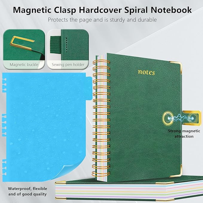 Hardcover Spiral Notebook College Ruled, 8.5"x11" Leather Journal Notebook with Magnetic Closure, 300 Pages 5 Subject Notebook with Dividers Tabs Journal for Women Men, Work, School(Green)