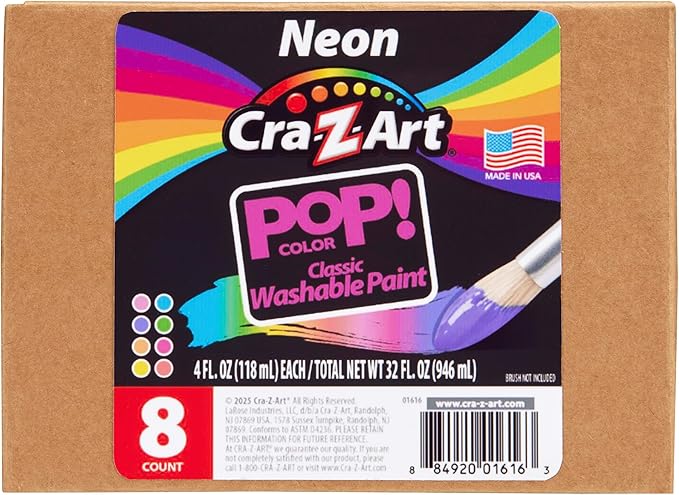 Cra-Z-Art Classic Washable Paint 4oz 8ct POP! Neon, Bright and Bold Colors for Arts & Crafts, School Projects, Creative Play & More! Made in USA