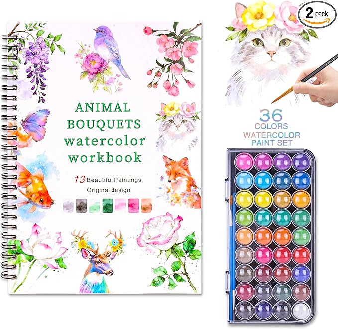 watercolor workbook - 13 Different Patterns of Original DIY Designs | water color book set| Watercolor Paint Set (including a 36-colors palette and brushes), suitable as an exploration gift for adults and teenagers (flowers & animals)