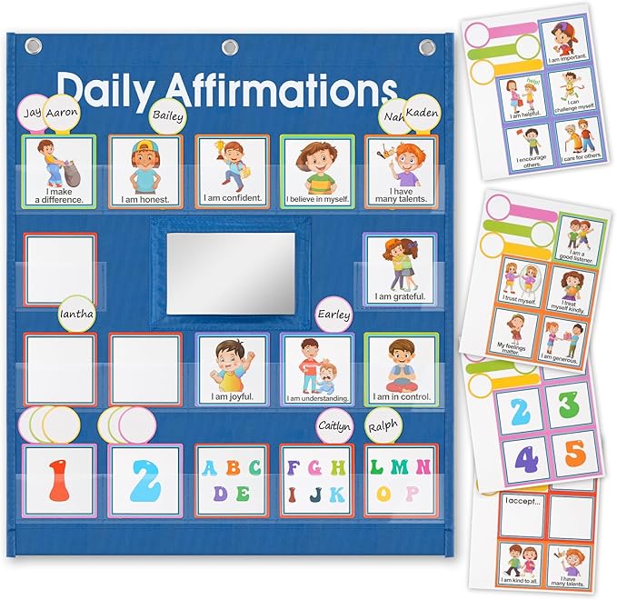 Daily Affirmations Pocket Chart with Mirror for Kids Classroom Teacher Teaching Supplies Calm Down Corner with Behavior Support Cards for School Activities