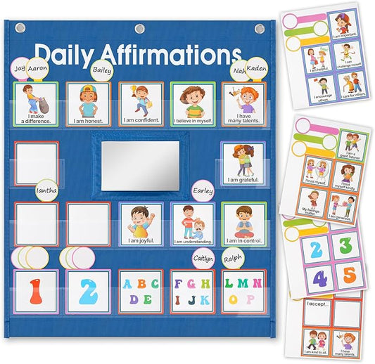 Daily Affirmations Pocket Chart with Mirror for Kids Classroom Teacher Teaching Supplies Calm Down Corner with Behavior Support Cards for School Activities