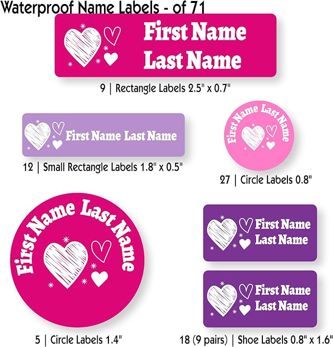 Personalized Kids Name Labels – Waterproof Custom Stickers for Daycare & School, Dishwasher & Laundry Safe (Heart-5)
