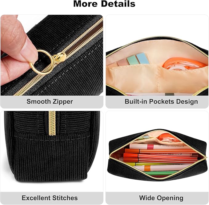 FINPAC Pencil Case, Corduroy Aesthetic Makeup Bag, Cute Kawaii Pen Bag Pouch Holder Box Organize for Study, Office, or Travel (Black)