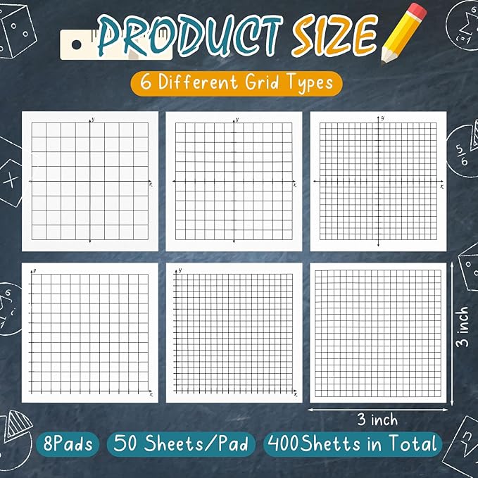 Sabary 8 Packs Graph Paper Sticky Notes 400 Sheets 3 x 3 Inch Lined Mini Graph Pads 20 x 20 Four Quadrant Adhesive Grid Sticky Notes for Office School Math Supplies (6 Style,White)