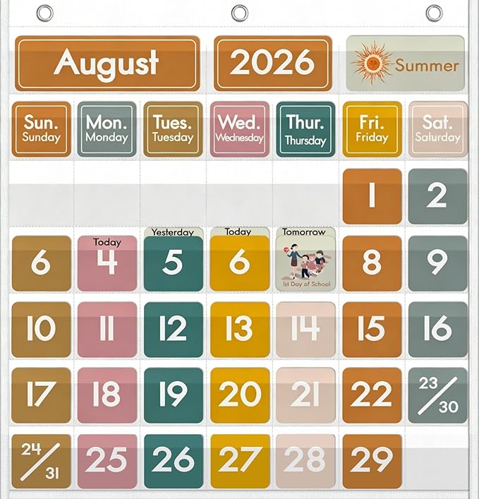 45 Pockets Classroom Calendar for Kids Learning, Pocket Chart Calendar Decor with Special Educational Cards, Teacher and Classroom Must Have Supplies, Boho