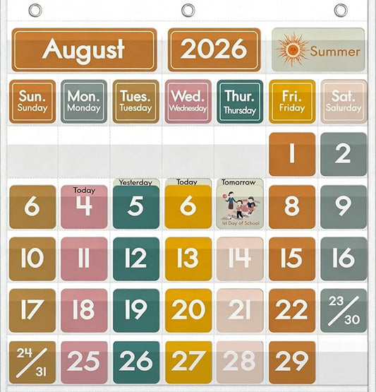 45 Pockets Classroom Calendar for Kids Learning, Pocket Chart Calendar Decor with Special Educational Cards, Teacher and Classroom Must Have Supplies, Boho