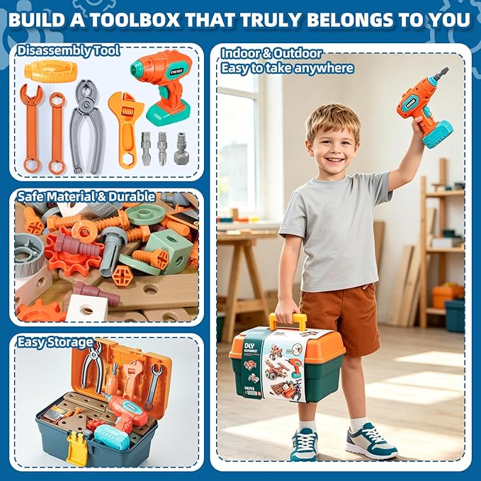 VEAIS Kids Tool Set with Drill, 148 PCS STEM Building Tools with Storage Box Plastic Todder Tool Set for Boys and Girls Age 3 4 5 6 7 8 Years