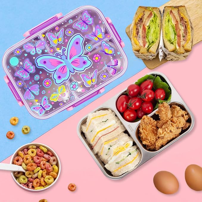 Stainless Steel Bento Lunch Box for Kids, 800ml/27oz BPA-Free Leak-Proof Food Containers with 3 Compartments, Freezer & Dishwasher Safe, Back to School Students Lunches Size for Ages 3-7
