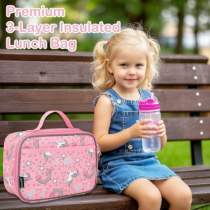 FlowFly Kids Lunch box Insulated Soft Bag Mini Cooler Back to School Thermal Meal Tote Kit for Girls, Boys, Unicorn