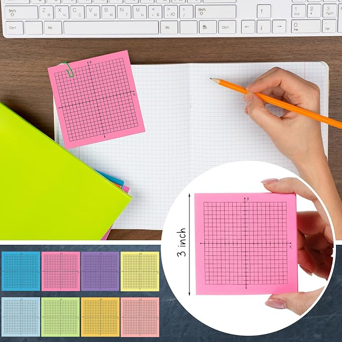 Sabary 8 Packs Graph Paper Sticky Notes 400 Sheets 3 x 3 Inch Lined Mini Graph Pads 20 x 20 Four Quadrant Adhesive Grid Sticky Notes for Office School Math Supplies(1 Style,Colorful)