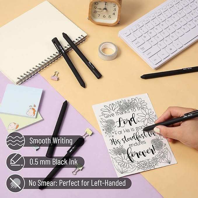 Mr. Pen- Retractable Gel Pens, 6 Pack, Black Ink, Black Barrels, Fine Point 0.5 mm, Fast Dry, Smooth Writing, Cute Pens for Drawing, Writing Planner and School Supplies