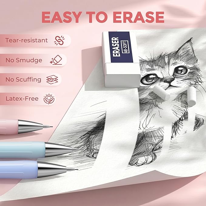 Nicpro 6PCS Cute Mechanical Pencil Set with Case, 0.7 mm Mechanical Pencils with 6 Tube HB Lead Refill, 3PCS Eraser, 9PCS Eraser Refill for School Supplies Student Writing, Drafting Drawing Sketching
