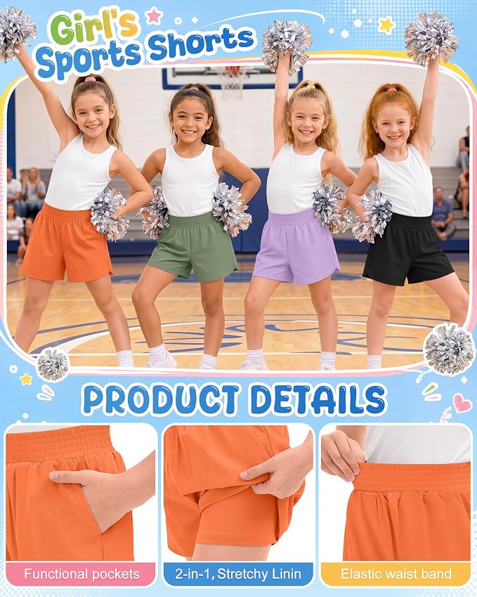 4 Pack Girls Athletic Shorts 2 in 1 Quick Dry High Waist Tween Shorts with Liner Kids Back to School Running Shorts