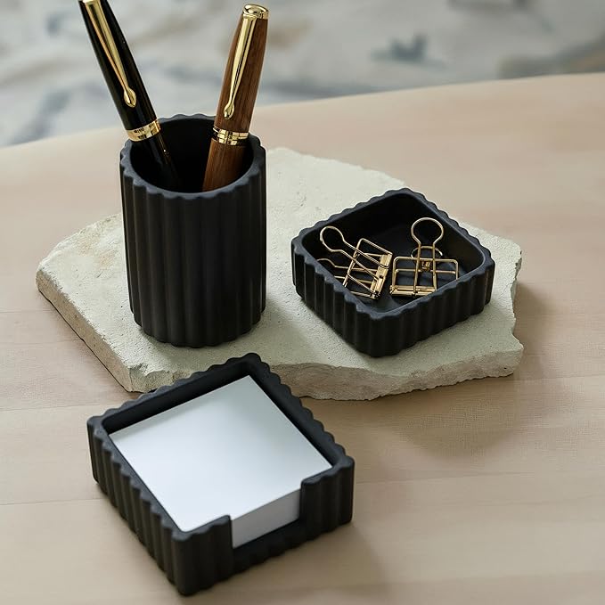 KIBAGA Modern Aesthetic Desk Accessories Set of 3 - Stylish Concrete Organizers for Pens & Office Supplies - A Cute and Functional Addition to Your Workspace Decor