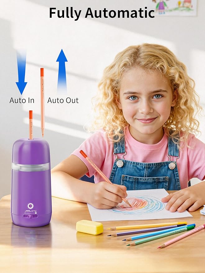 JARLINK Automatic Electric Pencil Sharpener - Hands-Free Operation, 3 Sharpness Modes, 3-Second Sharpening, Rechargeable & Portable for 7-12mm Pencils, Ideal for Classroom and Home Use (Purple)
