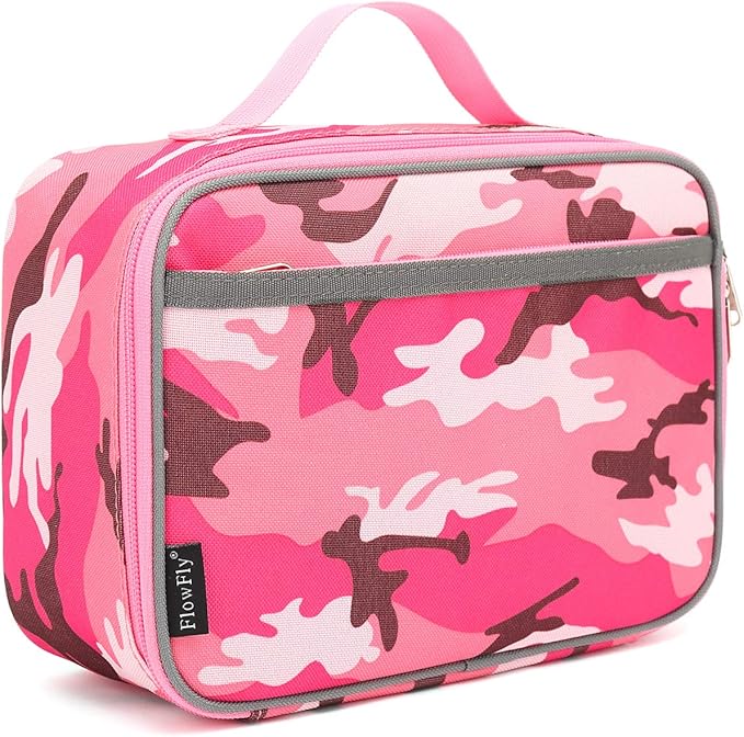 FlowFly Kids Lunch box Insulated Soft Bag Mini Cooler Back to School Thermal Meal Tote Kit for Girls, Boys, PinkCamo