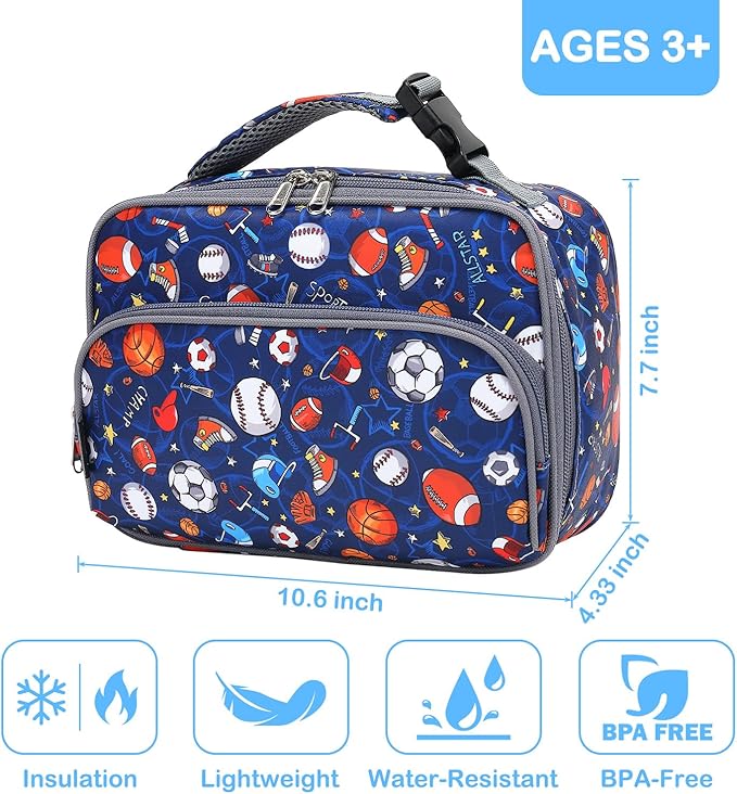FlowFly Kids Lunch box with buckle Insulated Cooler Back to School Thermal Meal Tote Kit for Girls, Boys (Rugby)