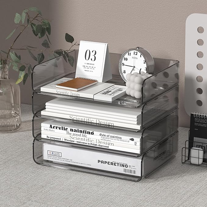 FANXIYQ 4-Tier Horizontal Acrylic Paper Tray Organizer | Clear Stackable Desk Organizer for Documents, Letters, A4 Paper | Modern Office/Classroom/Home Organization,Brown