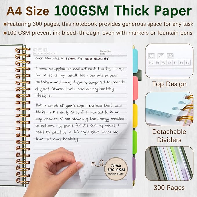 Hardcover Spiral Notebooks for Work 8.5''x 11'', 300 Pages 5 Subject Notebook with Dividers & Tabs, A4 Spiral Journal for Women, College Ruled Notebooks for School Note-Taking (Green)