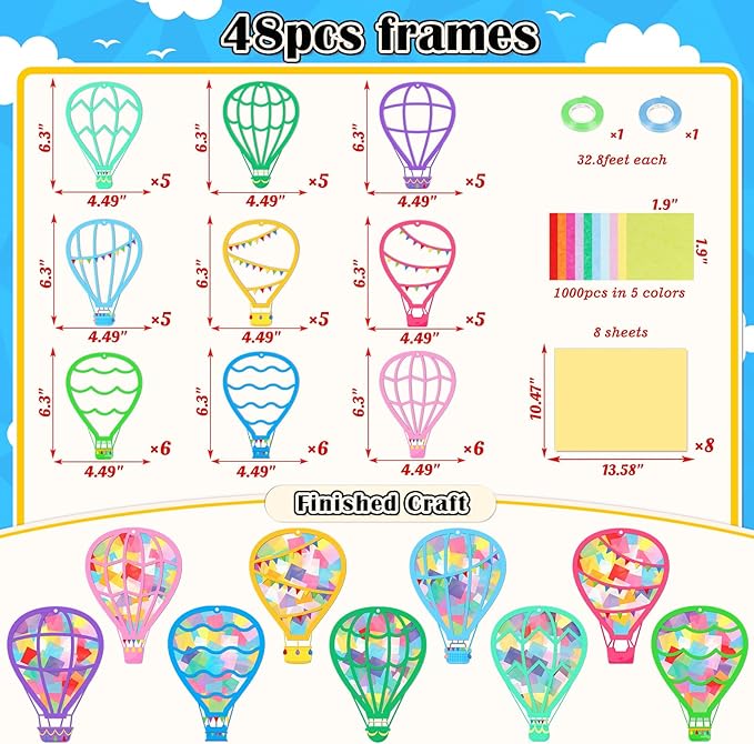 Renbuzhu 48PCS Back to School Crafts: Paper Hot Air Balloon Suncatchers DIY Kits, Summer Window Stained Glass Effect Art Supplies
